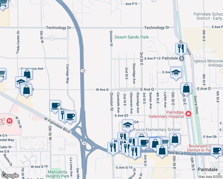 map of restaurants, bars, coffee shops, grocery stores, and more near 2 East Avenue Q in Palmdale