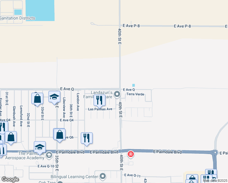 map of restaurants, bars, coffee shops, grocery stores, and more near 3839 Sonora Way in Palmdale