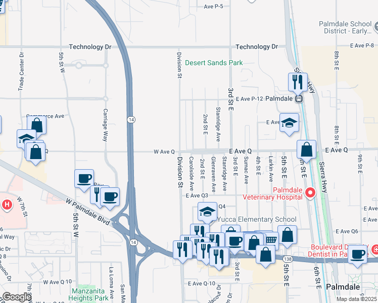 map of restaurants, bars, coffee shops, grocery stores, and more near 124 East Avenue Q in Palmdale
