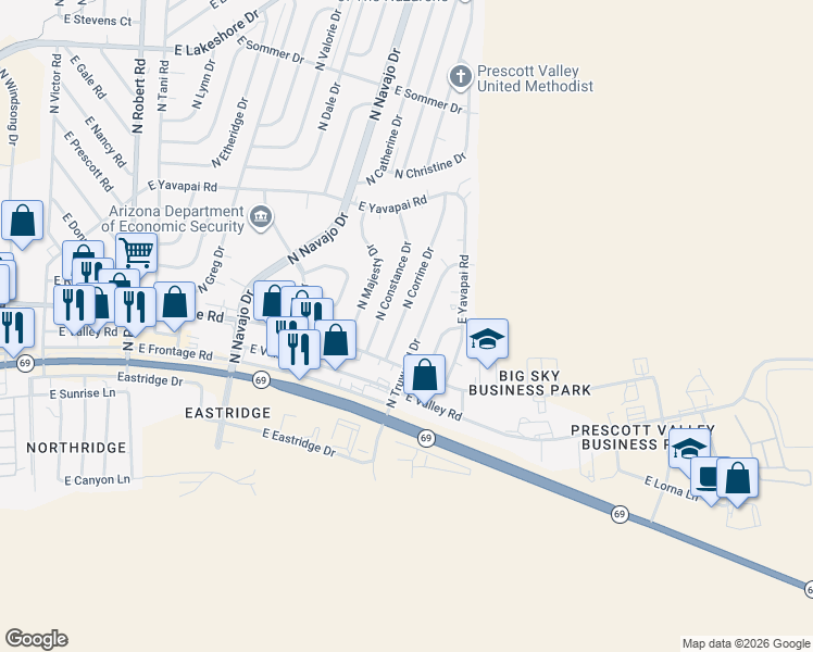 map of restaurants, bars, coffee shops, grocery stores, and more near 3028 North Truwood Drive in Prescott Valley