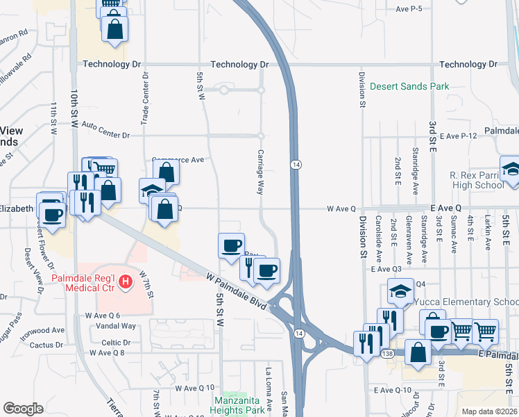 map of restaurants, bars, coffee shops, grocery stores, and more near West Avenue Q in Palmdale
