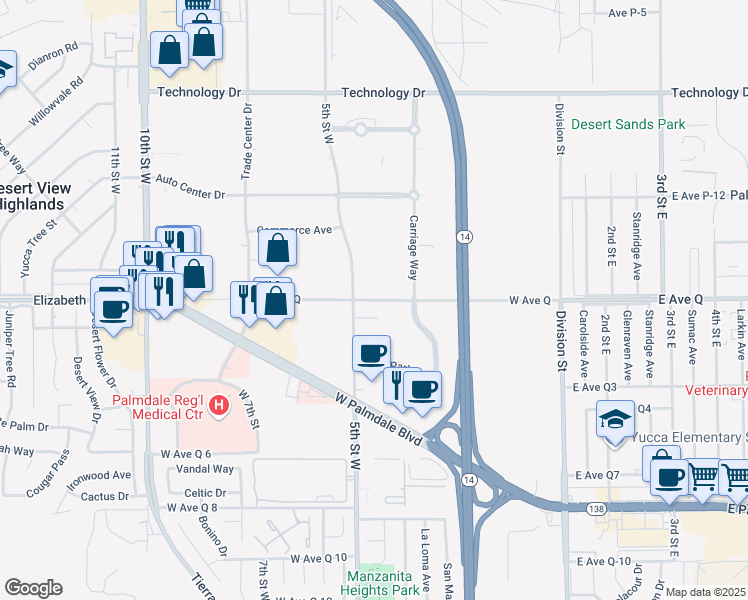 map of restaurants, bars, coffee shops, grocery stores, and more near West Avenue Q in Palmdale