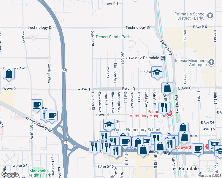 map of restaurants, bars, coffee shops, grocery stores, and more near 215 East Avenue Q in Palmdale