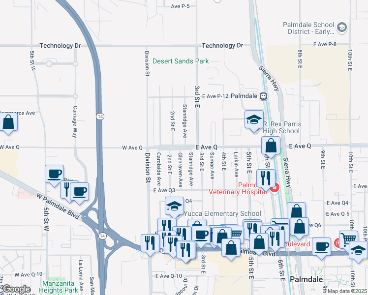 map of restaurants, bars, coffee shops, grocery stores, and more near 235 East Avenue Q in Palmdale