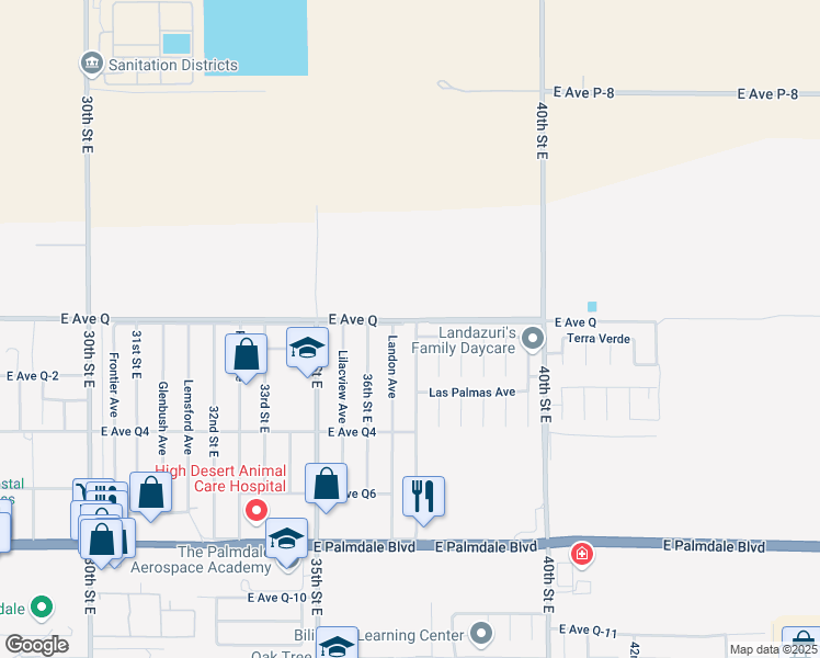 map of restaurants, bars, coffee shops, grocery stores, and more near 38763 37th Street East in Palmdale