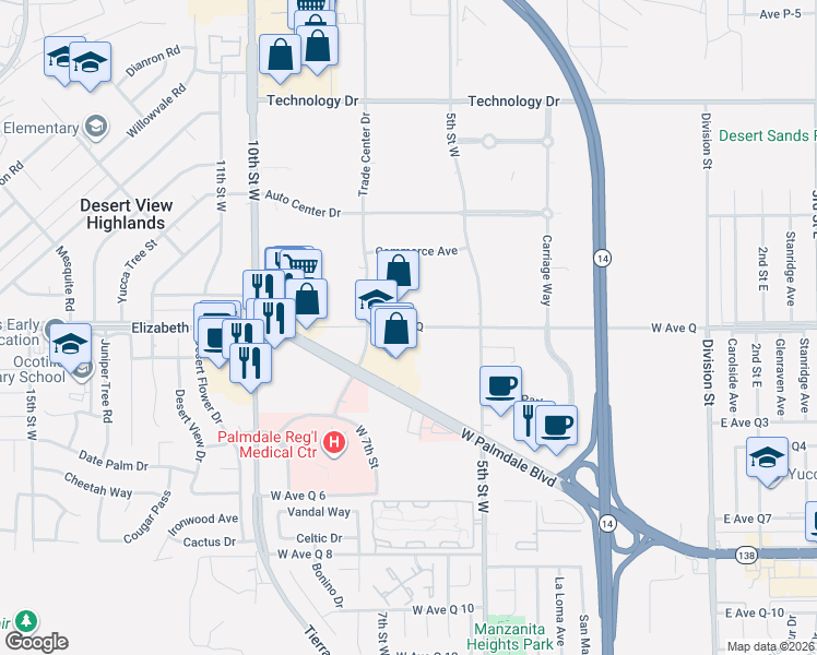 map of restaurants, bars, coffee shops, grocery stores, and more near West Avenue Q in Palmdale