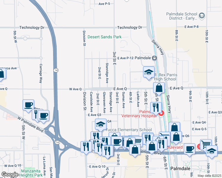 map of restaurants, bars, coffee shops, grocery stores, and more near 232 East Avenue Q in Palmdale