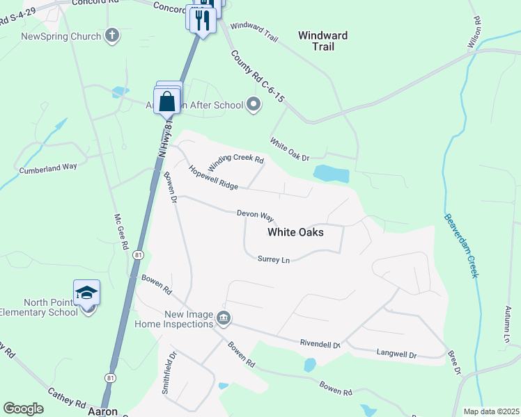 map of restaurants, bars, coffee shops, grocery stores, and more near 209 Devon Way in Anderson