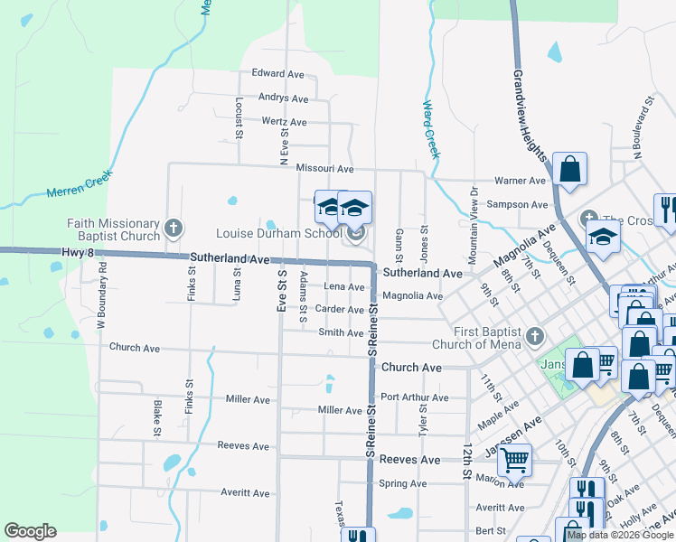 map of restaurants, bars, coffee shops, grocery stores, and more near 1706 Sutherland Avenue in Mena