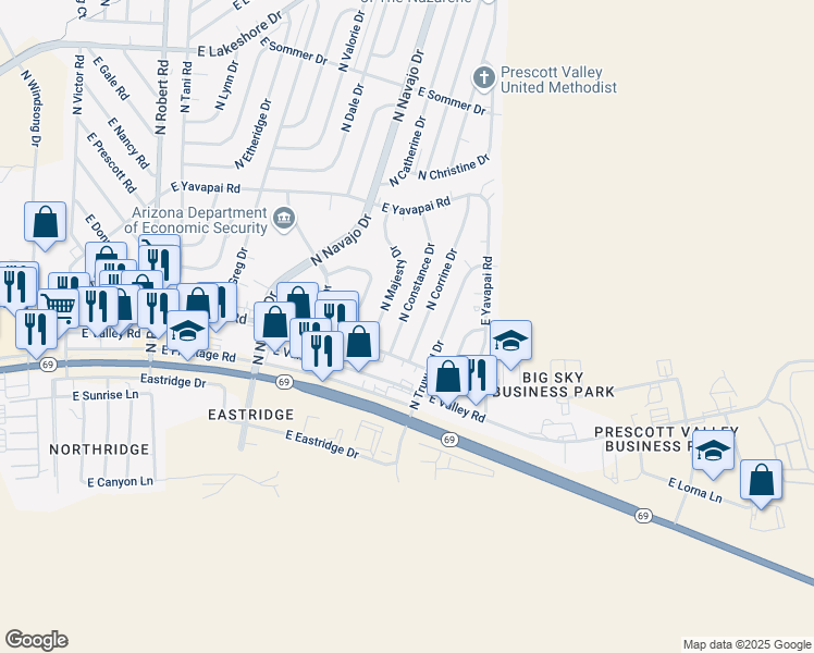 map of restaurants, bars, coffee shops, grocery stores, and more near 3055 North Constance Drive in Prescott Valley