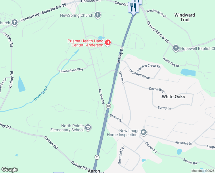 map of restaurants, bars, coffee shops, grocery stores, and more near 3451 South Carolina 81 in Anderson