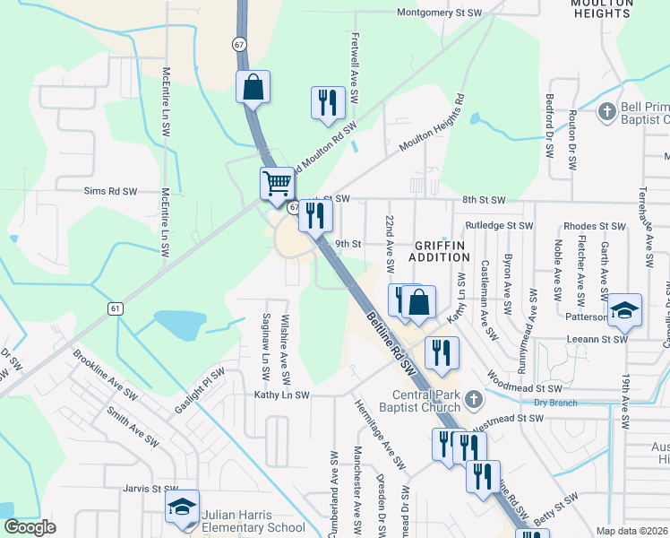 map of restaurants, bars, coffee shops, grocery stores, and more near 2245 Beltline Road Southwest in Decatur