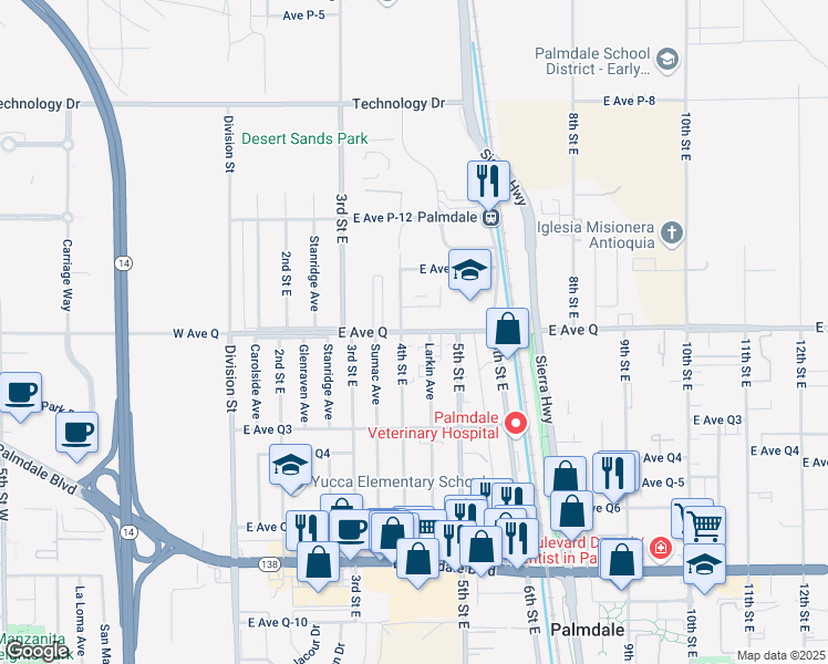 map of restaurants, bars, coffee shops, grocery stores, and more near 38756 Larkin Avenue in Palmdale