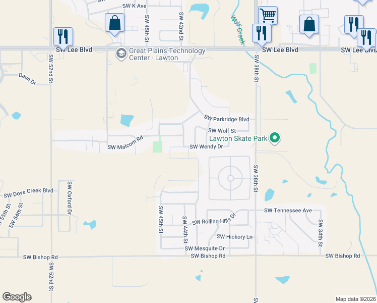 map of restaurants, bars, coffee shops, grocery stores, and more near Ridge Trail in Lawton