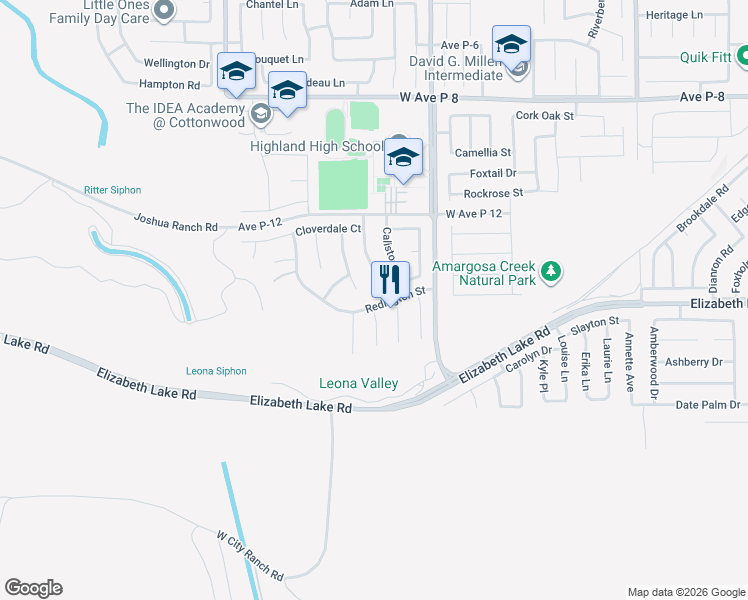 map of restaurants, bars, coffee shops, grocery stores, and more near 2611 Redington Street in Palmdale