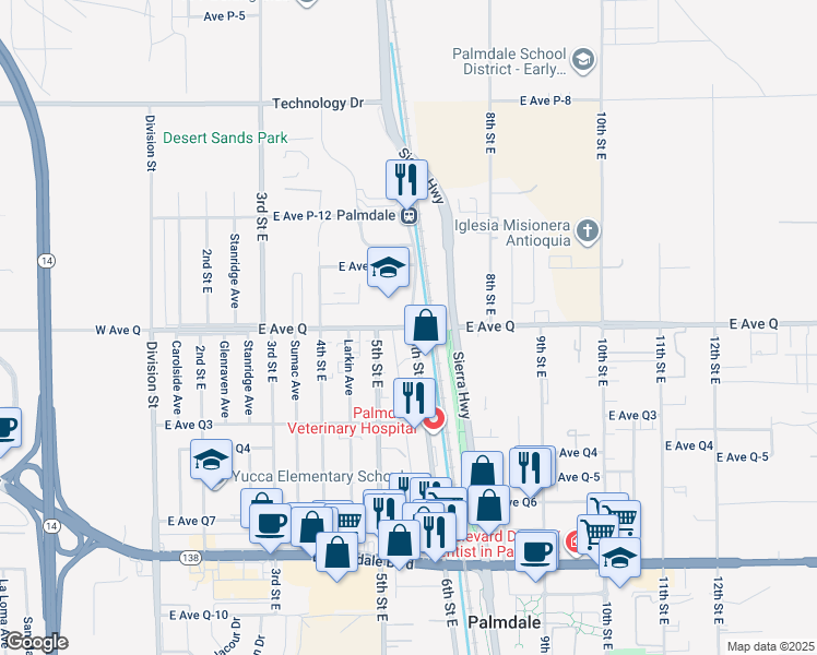 map of restaurants, bars, coffee shops, grocery stores, and more near in Palmdale