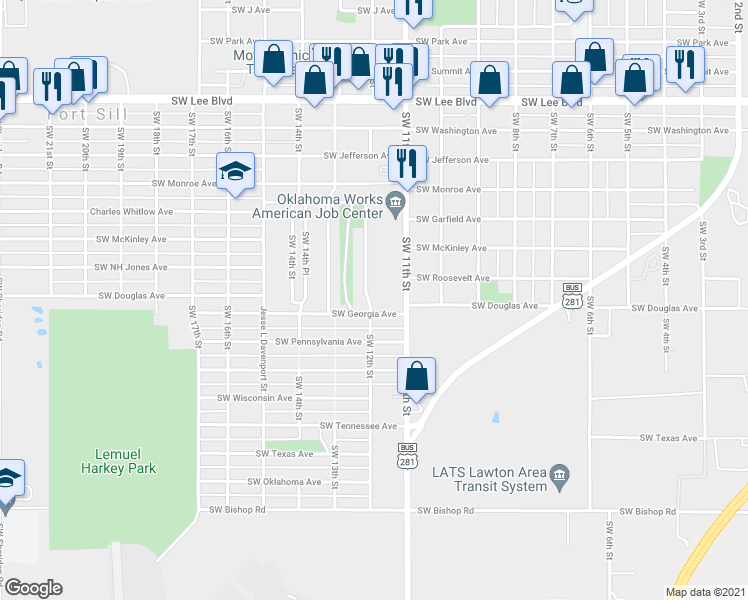 map of restaurants, bars, coffee shops, grocery stores, and more near 1748 Southwest 12th Street in Lawton