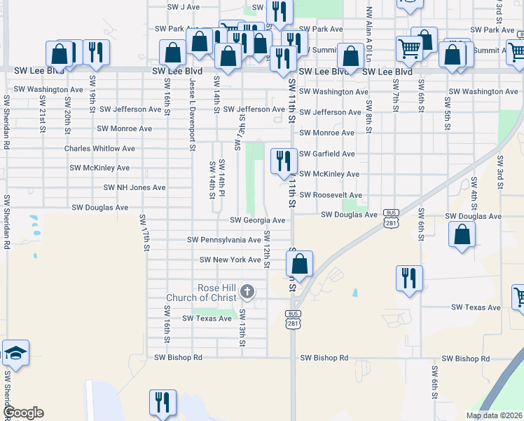 map of restaurants, bars, coffee shops, grocery stores, and more near 1748 Southwest 12th Street in Lawton