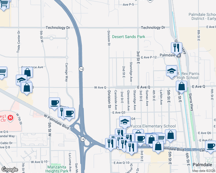 map of restaurants, bars, coffee shops, grocery stores, and more near West Avenue Q in Palmdale