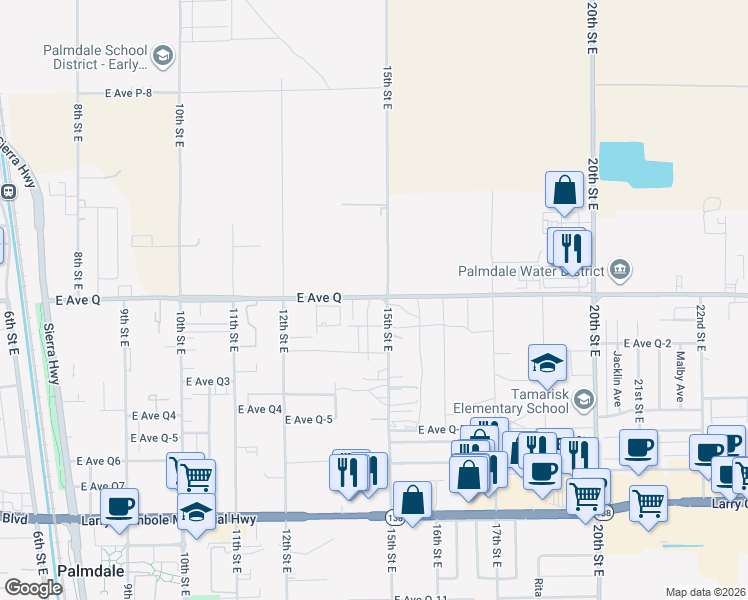 map of restaurants, bars, coffee shops, grocery stores, and more near 1326 East Avenue Q in Palmdale