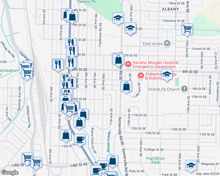 map of restaurants, bars, coffee shops, grocery stores, and more near 1002 11th Avenue Court Southeast in Decatur