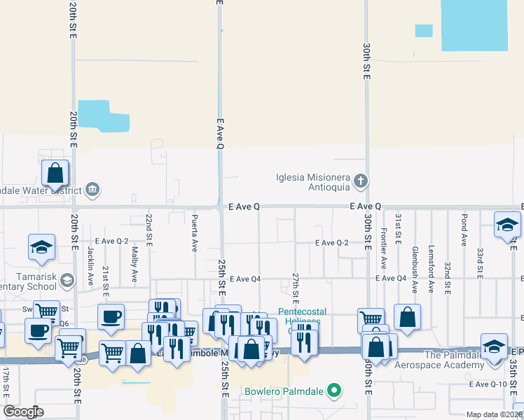 map of restaurants, bars, coffee shops, grocery stores, and more near in Palmdale