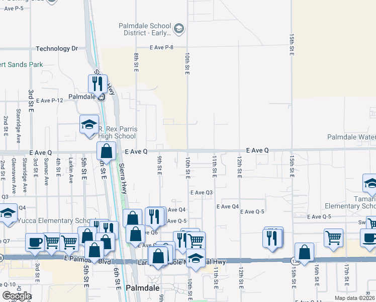 map of restaurants, bars, coffee shops, grocery stores, and more near 10th Street East & East Avenue Q in Palmdale
