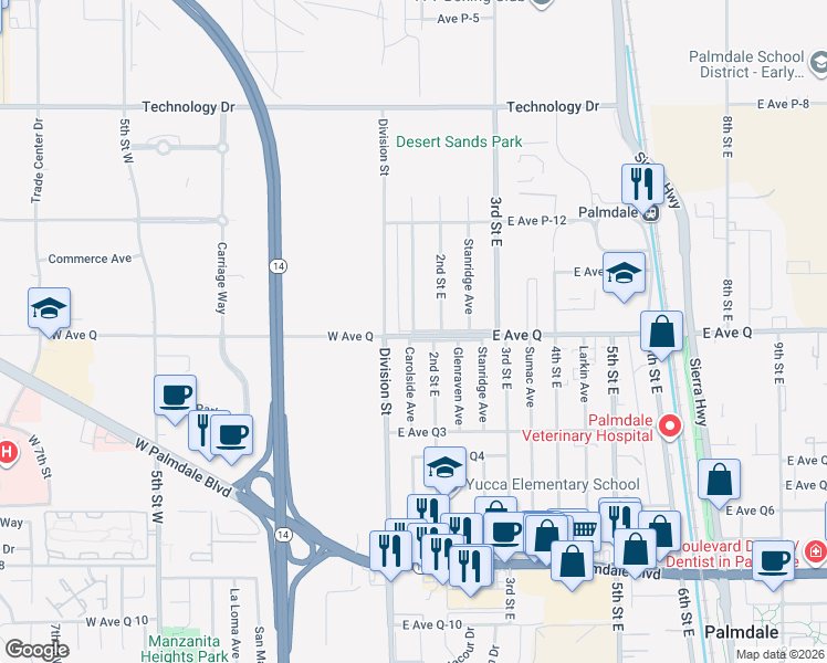 map of restaurants, bars, coffee shops, grocery stores, and more near 38800 Carolside Avenue in Palmdale