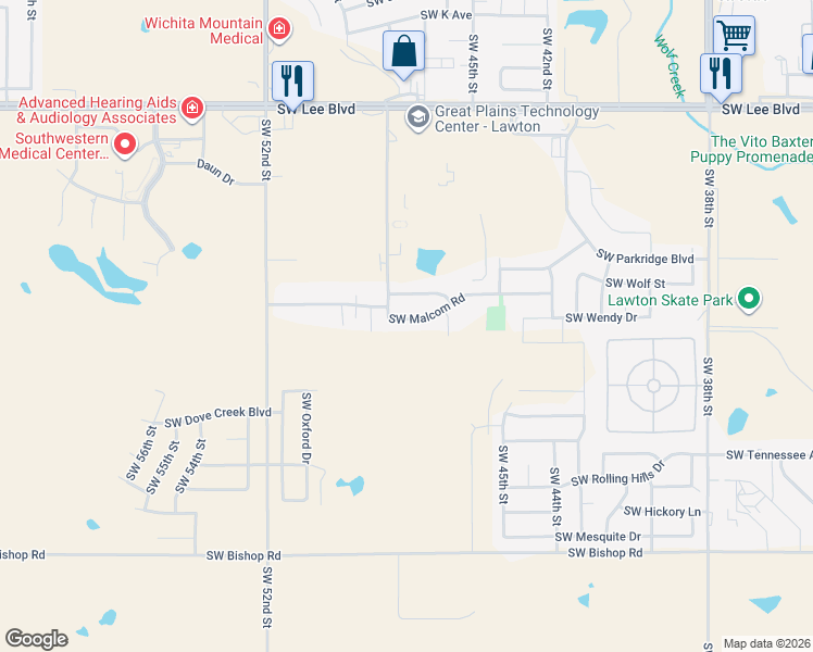 map of restaurants, bars, coffee shops, grocery stores, and more near 4808 Southwest Malcom Road in Lawton