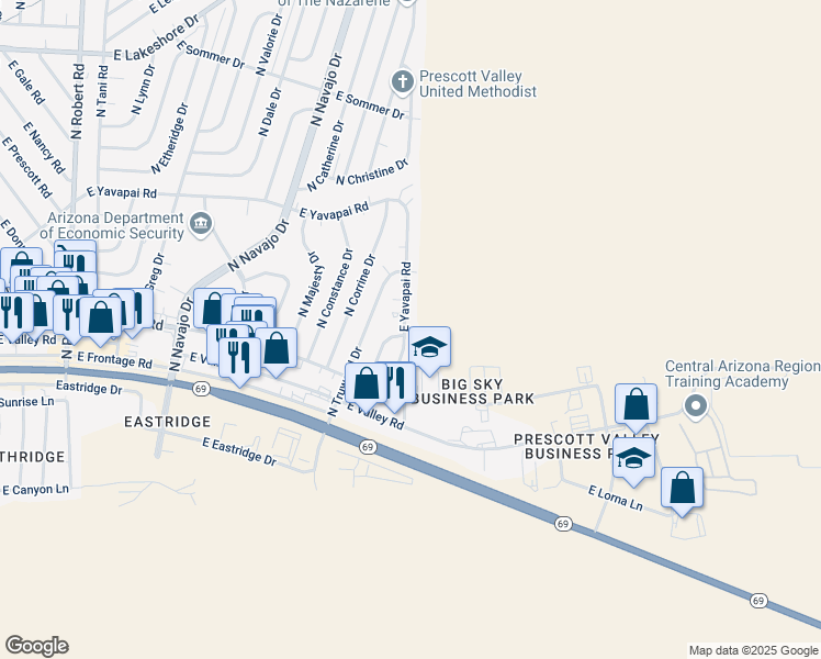 map of restaurants, bars, coffee shops, grocery stores, and more near 3033 North Yavapai Road East in Prescott Valley
