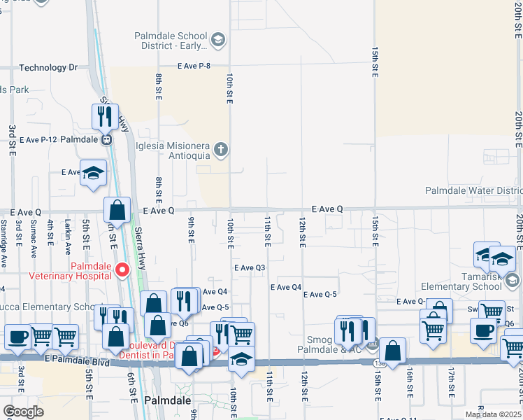 map of restaurants, bars, coffee shops, grocery stores, and more near 38722 11th Street East in Palmdale