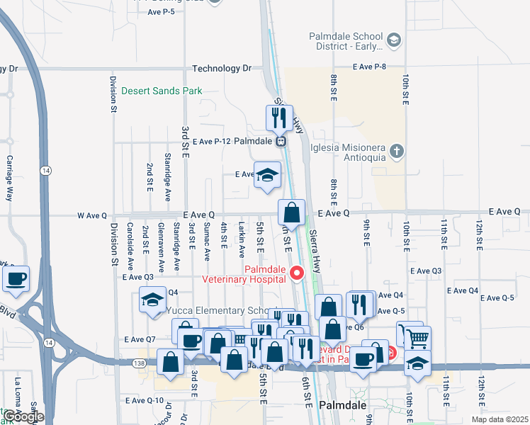 map of restaurants, bars, coffee shops, grocery stores, and more near in Palmdale
