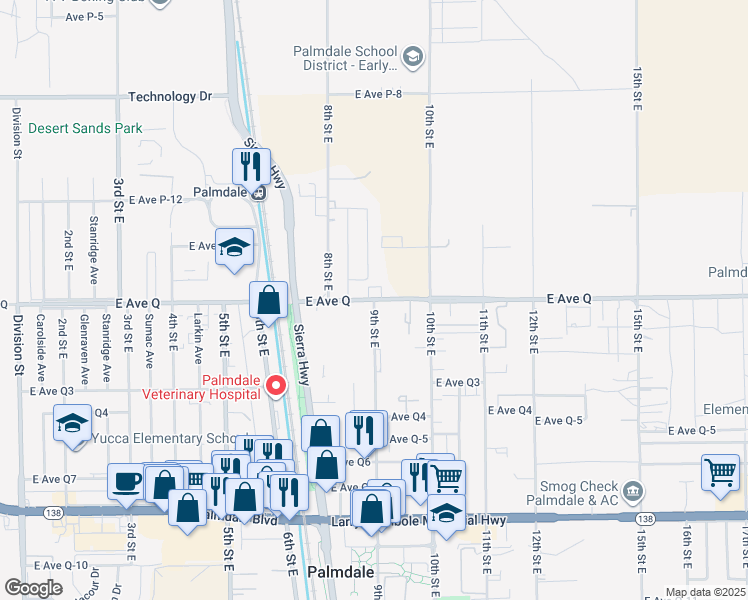 map of restaurants, bars, coffee shops, grocery stores, and more near 2 East Avenue Q in Palmdale