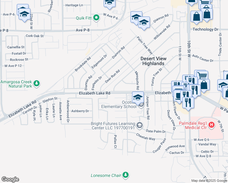 map of restaurants, bars, coffee shops, grocery stores, and more near Elizabeth Lake Frontage Road & Ocotillo Drive in Palmdale