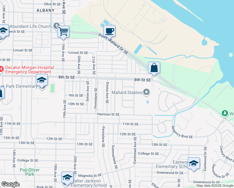 map of restaurants, bars, coffee shops, grocery stores, and more near 1301 Elizabeth Avenue Southeast in Decatur