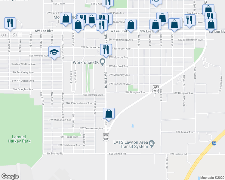 map of restaurants, bars, coffee shops, grocery stores, and more near 1005 Southwest Douglas Avenue in Lawton