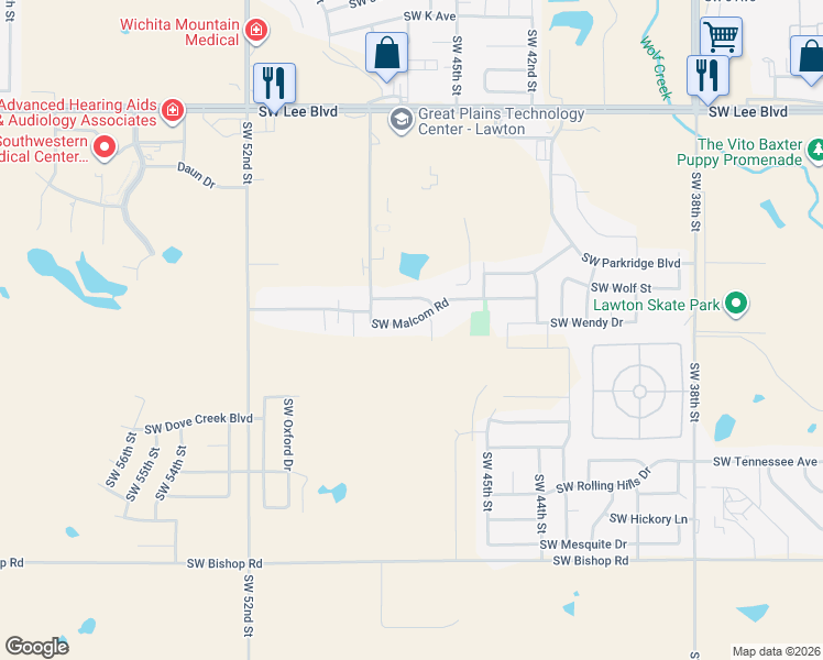 map of restaurants, bars, coffee shops, grocery stores, and more near 4806 Southwest Malcom Road in Lawton