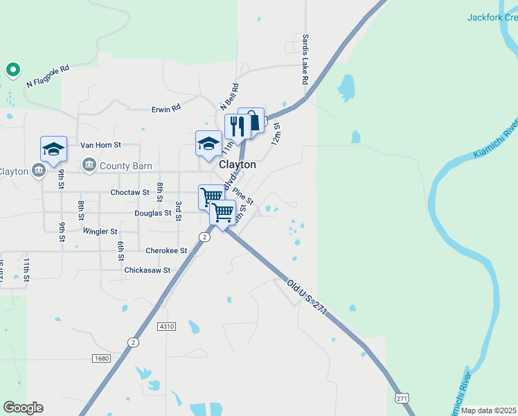 map of restaurants, bars, coffee shops, grocery stores, and more near East Dexter Street in Clayton