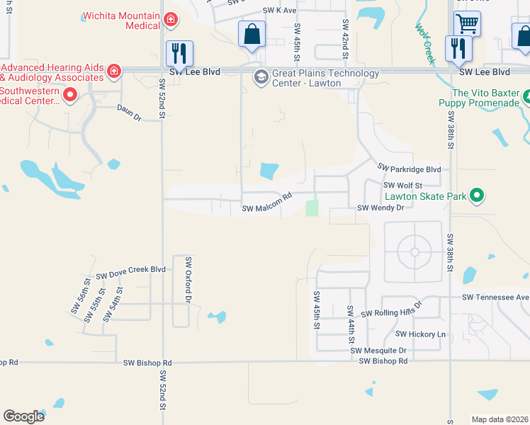 map of restaurants, bars, coffee shops, grocery stores, and more near 4808 Southwest Malcom Road in Lawton