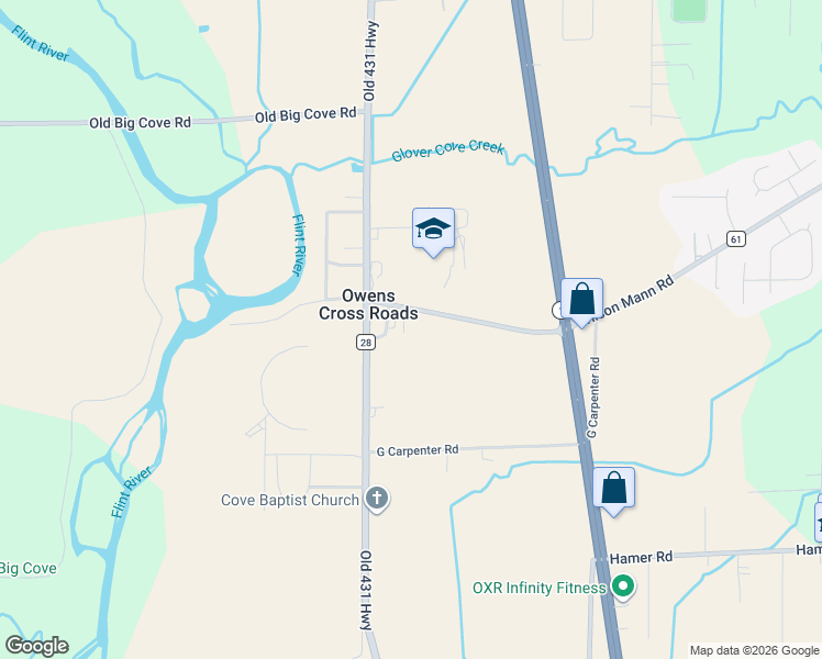 map of restaurants, bars, coffee shops, grocery stores, and more near 142 Wilson Mann Road in Owens Cross Roads