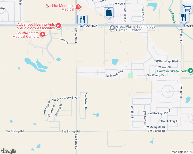 map of restaurants, bars, coffee shops, grocery stores, and more near 4910 Southwest Malcom Road in Lawton
