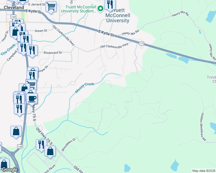 map of restaurants, bars, coffee shops, grocery stores, and more near 415 Leafview Drive in Cleveland