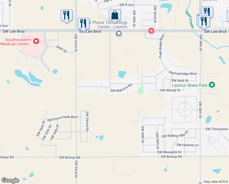 map of restaurants, bars, coffee shops, grocery stores, and more near 4818 Southwest Malcom Road in Lawton