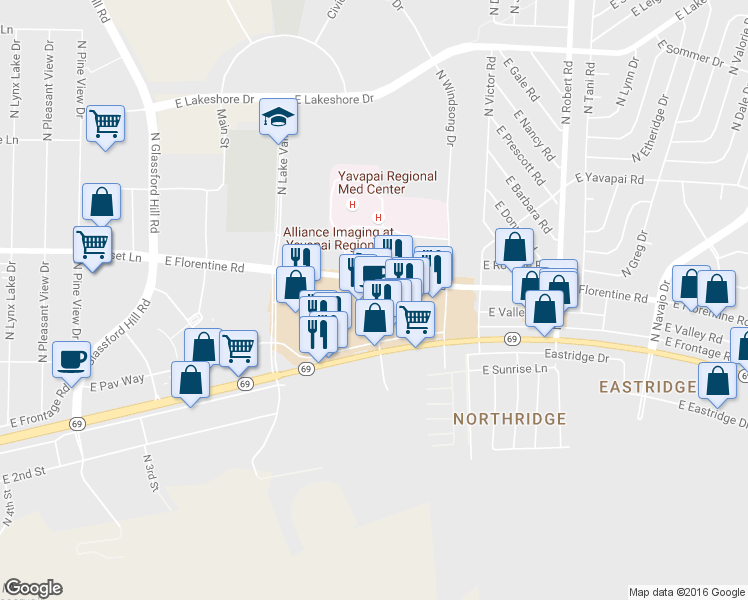 map of restaurants, bars, coffee shops, grocery stores, and more near 7720 Arizona 69 in Prescott Valley