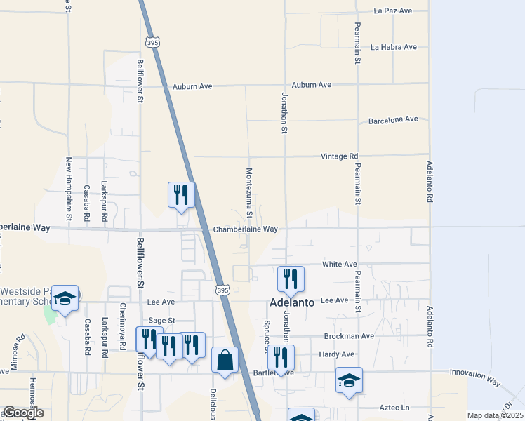 map of restaurants, bars, coffee shops, grocery stores, and more near 11610 Chamberlaine Way in Adelanto