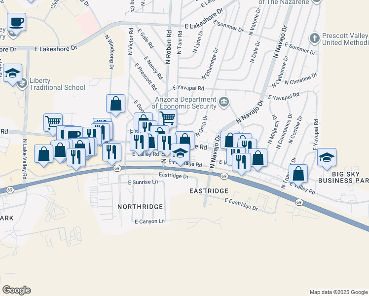 map of restaurants, bars, coffee shops, grocery stores, and more near 3031 North Cochise Drive in Prescott Valley