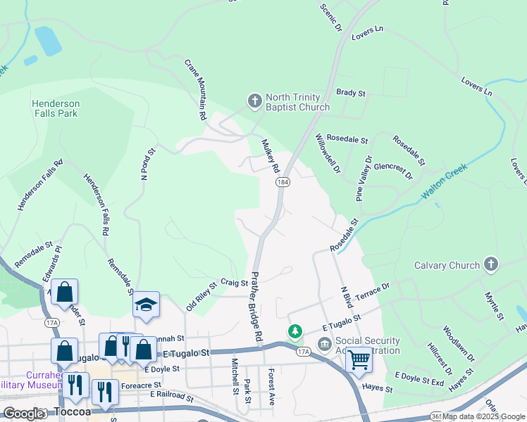 map of restaurants, bars, coffee shops, grocery stores, and more near 52 Scott Street in Toccoa