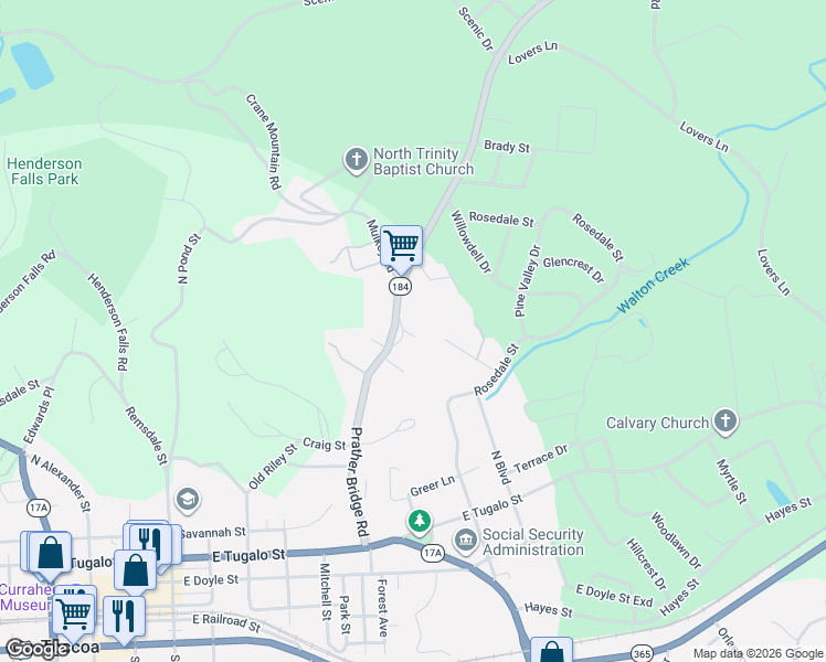 map of restaurants, bars, coffee shops, grocery stores, and more near 59 Prather Bridge Circle in Toccoa