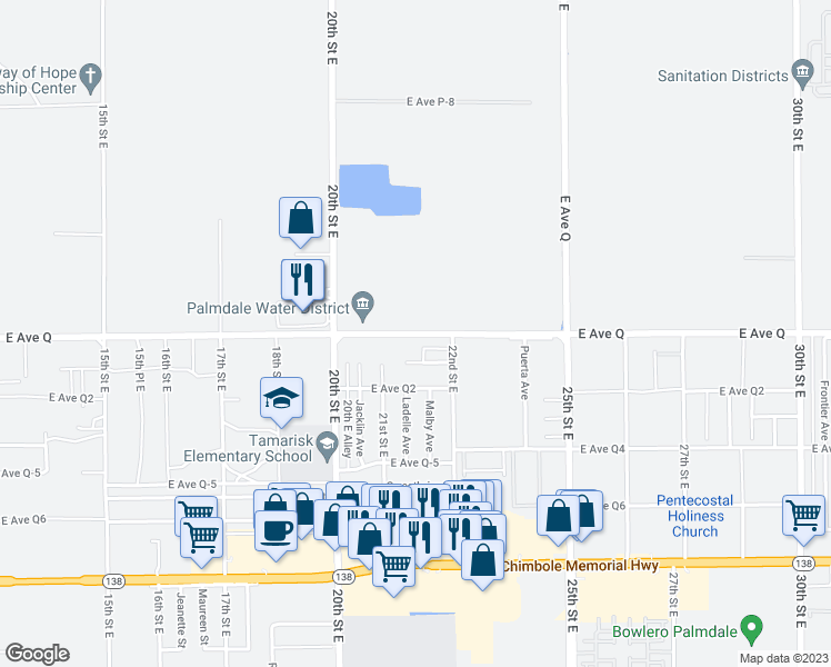 map of restaurants, bars, coffee shops, grocery stores, and more near 2129 East Avenue Q in Palmdale