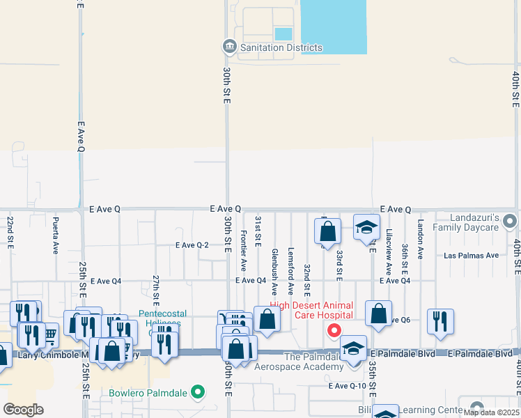 map of restaurants, bars, coffee shops, grocery stores, and more near 3106 East Avenue Q in Palmdale